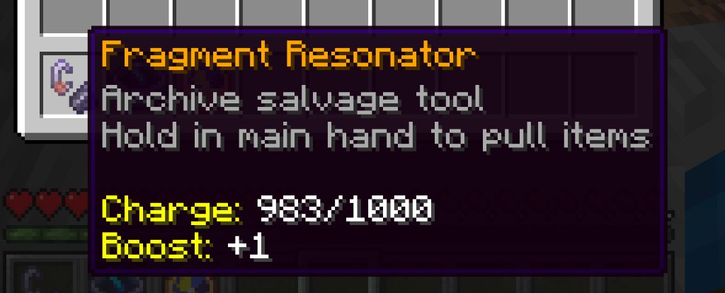 Fragment Resonator item tooltip showing charge and boost