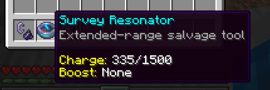 Survey Resonator item tooltip showing charge and boost